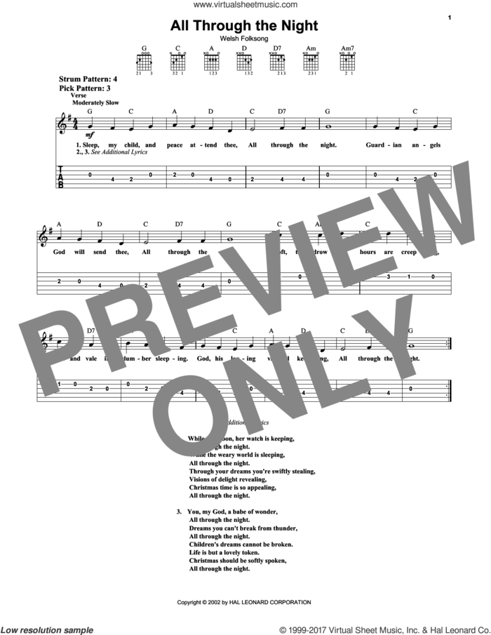 All Through The Night sheet music for guitar solo (easy tablature), easy guitar (easy tablature)
