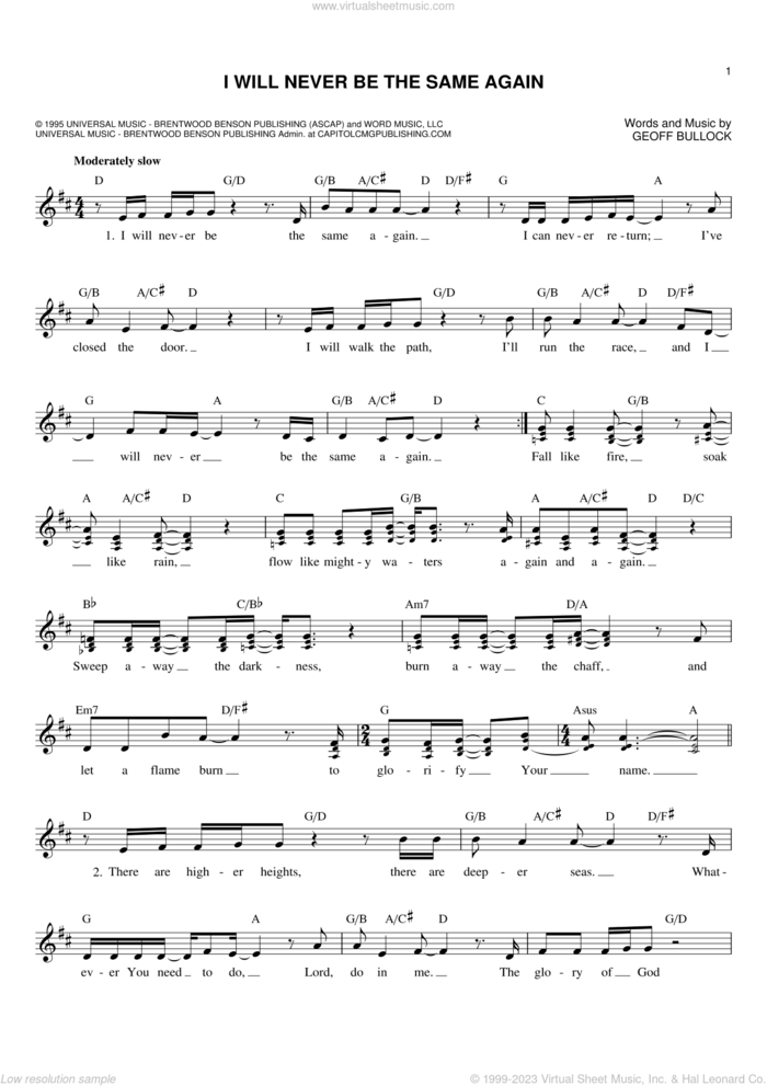 I Will Never Be The Same Again sheet music for voice and other instruments (fake book) by Geoff Bullock, intermediate skill level