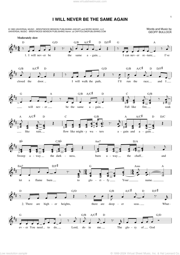 I Will Never Be The Same Again sheet music for voice and other instruments (fake book) by Geoff Bullock, intermediate skill level