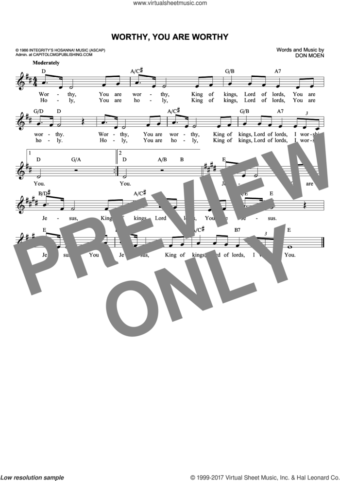 Worthy, You Are Worthy sheet music for voice and other instruments (fake book) by Don Moen, intermediate skill level