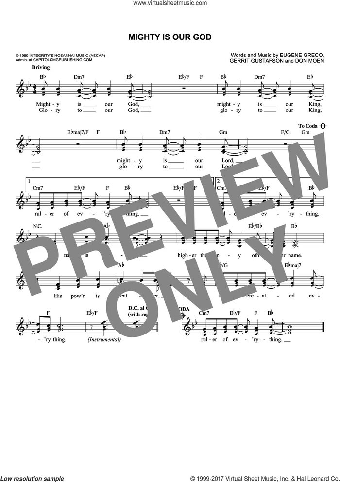 Mighty Is Our God sheet music for voice and other instruments (fake book) by Gerrit Gustafson, Don Moen and Eugene Greco, intermediate skill level