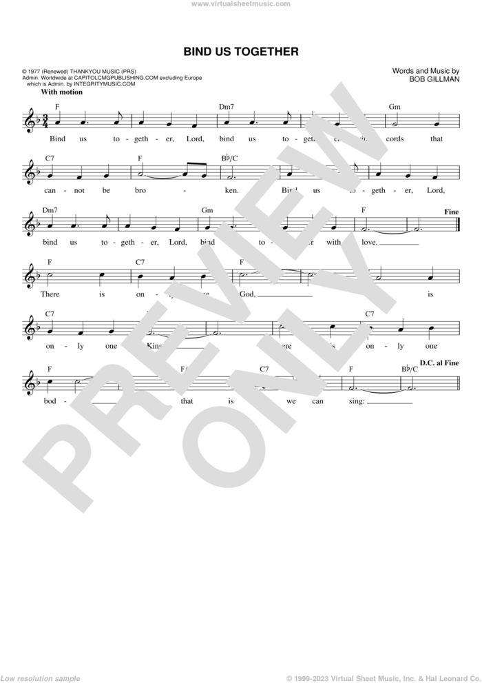 Bind Us Together sheet music for voice and other instruments (fake book) by Bob Gillman, intermediate skill level