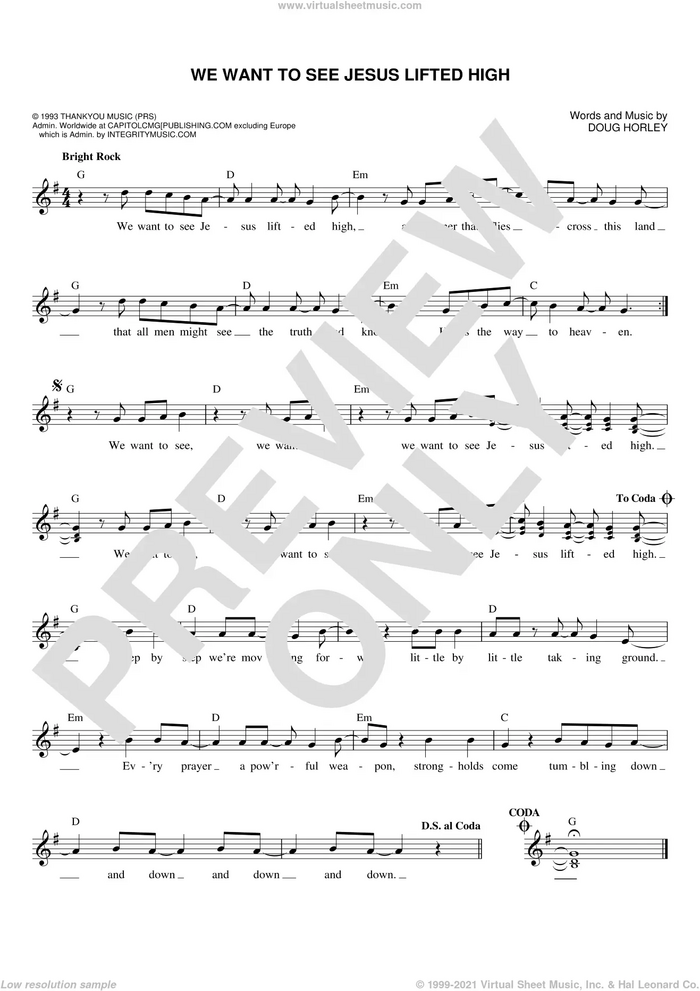 We Want To See Jesus Lifted High sheet music for voice and other instruments (fake book) by Doug Horley and Noel Richards, intermediate skill level