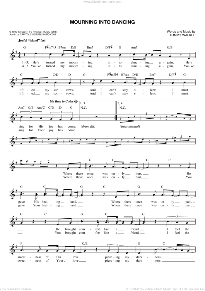 Mourning Into Dancing sheet music for voice and other instruments (fake book) by Tommy Walker and The Insyderz, intermediate skill level