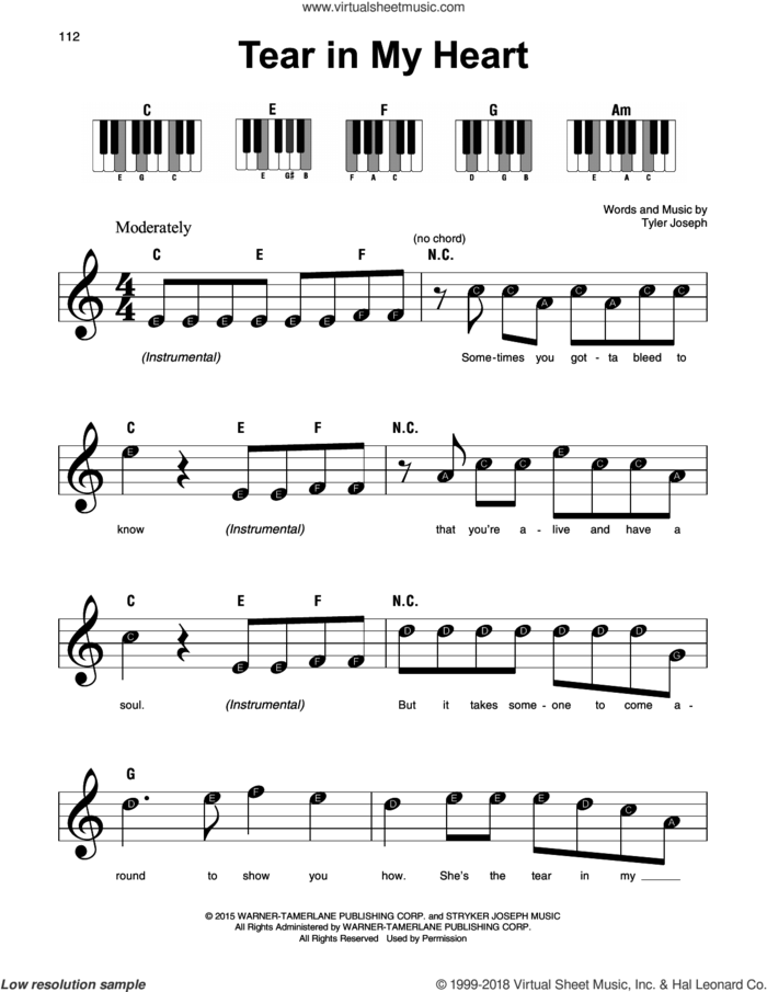 Tear In My Heart sheet music for piano solo by Twenty One Pilots and Tyler Joseph, beginner skill level