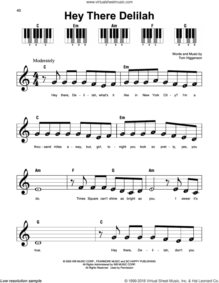 Hey There Delilah sheet music for piano solo by Tom Higgenson, beginner skill level