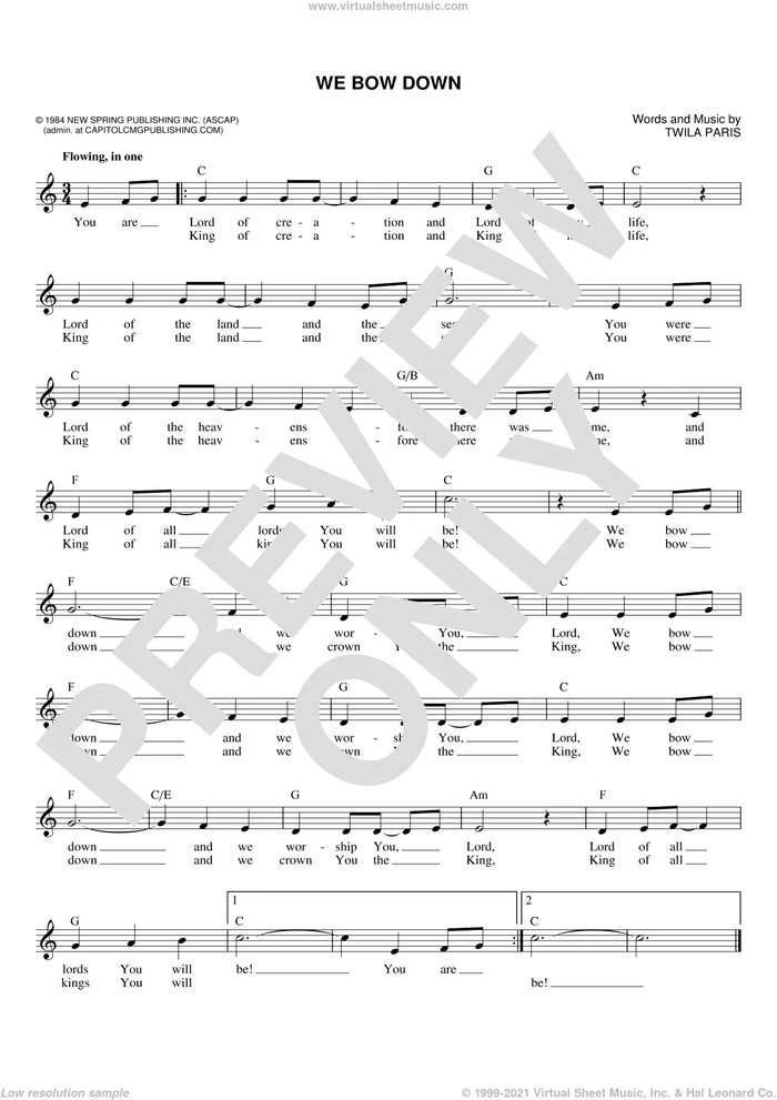 We Bow Down sheet music for voice and other instruments (fake book) by Twila Paris, intermediate skill level