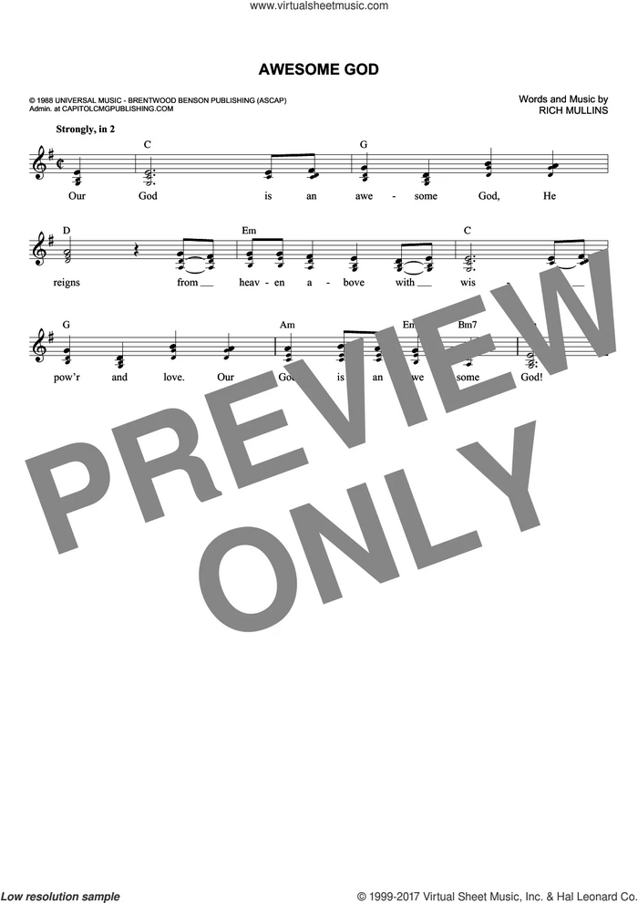 Awesome God sheet music for voice and other instruments (fake book) by Rich Mullins, intermediate skill level