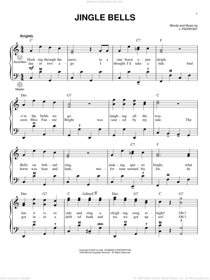 Jingle Bells sheet music for accordion by James Pierpont and Gary Meisner, intermediate skill level