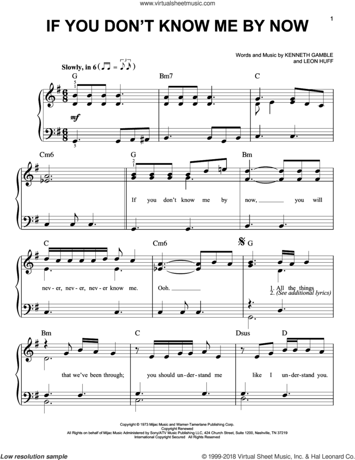 If You Don't Know Me By Now sheet music for piano solo by Kenneth Gamble, Manuel Seal and Leon Huff, beginner skill level