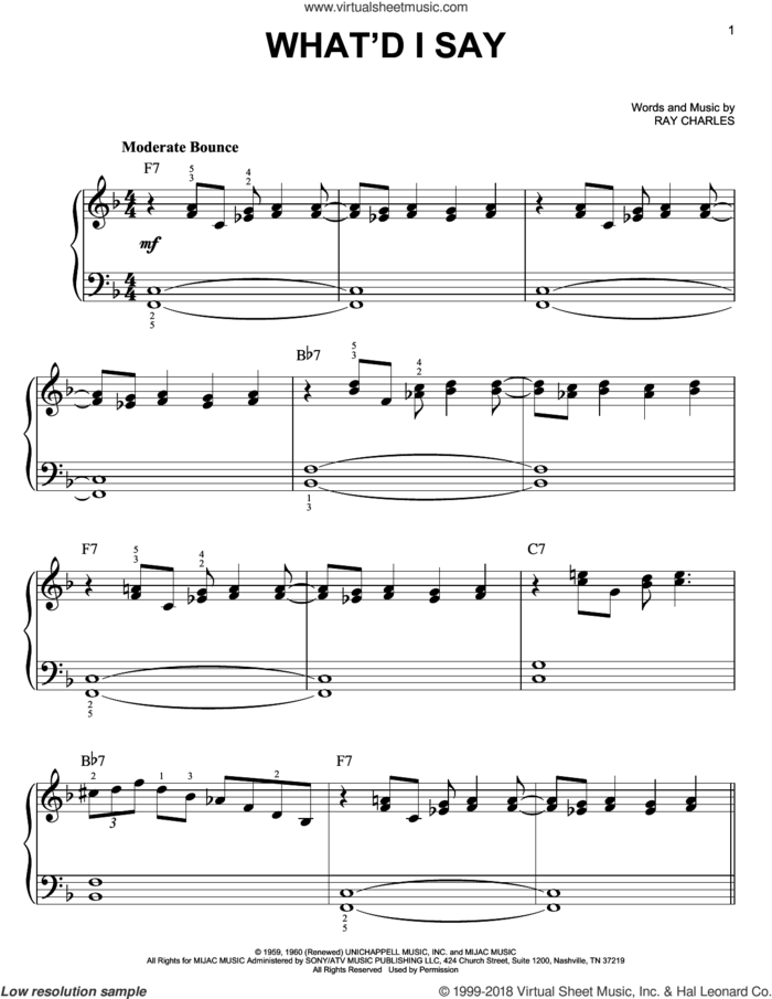 What'd I Say sheet music for piano solo by Ray Charles and Elvis Presley, beginner skill level