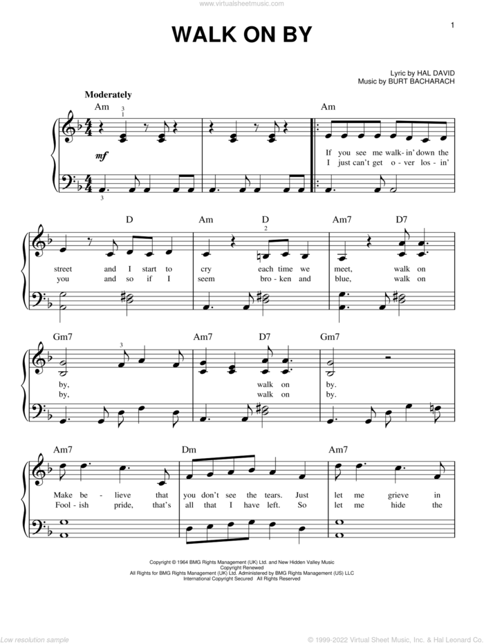 Walk On By sheet music for piano solo by Dionne Warwick, Burt Bacharach and Hal David, beginner skill level