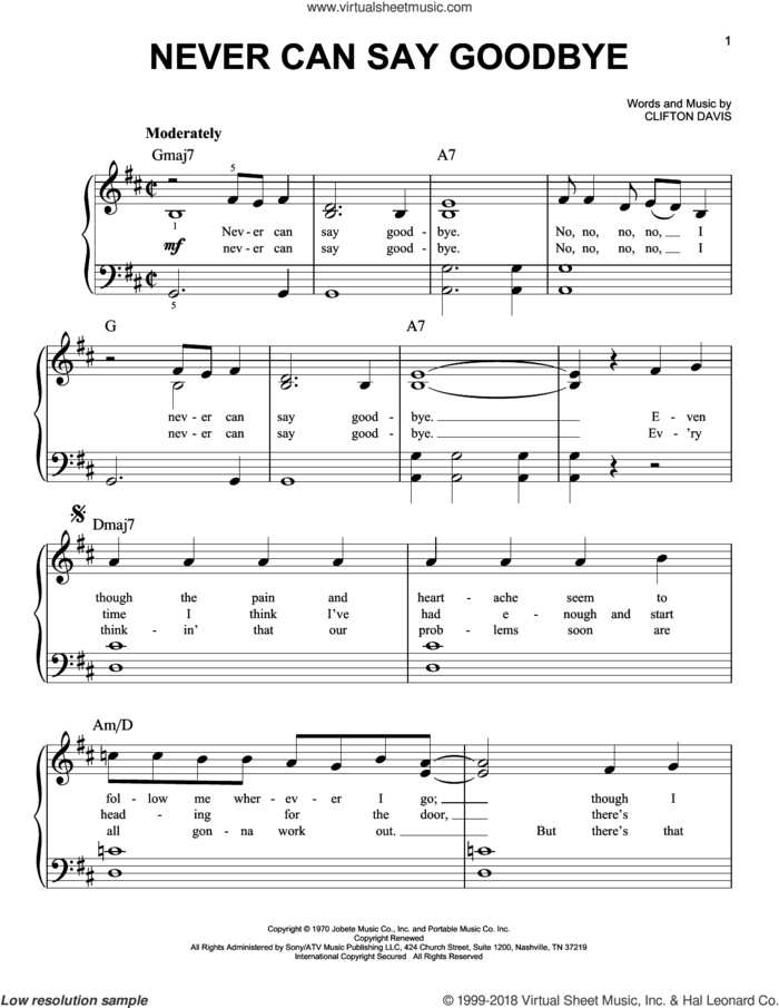 Never Can Say Goodbye sheet music for piano solo by The Jackson 5 and Clifton Davis, beginner skill level