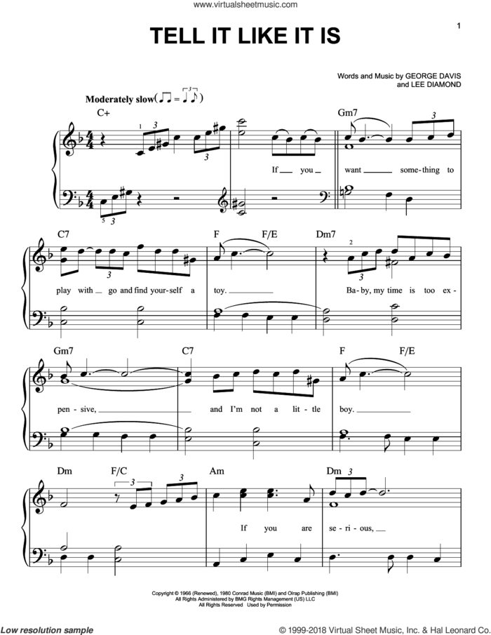 Tell It Like It Is sheet music for piano solo by Aaron Neville, Heart, George Davis and Lee Diamond, beginner skill level