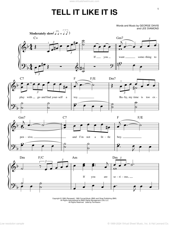 Tell It Like It Is sheet music for piano solo by Aaron Neville, Heart, George Davis and Lee Diamond, beginner skill level