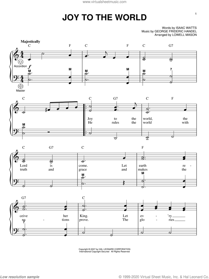 Joy To The World sheet music for accordion by Isaac Watts, Gary Meisner, George Frideric Handel and Lowell Mason, intermediate skill level