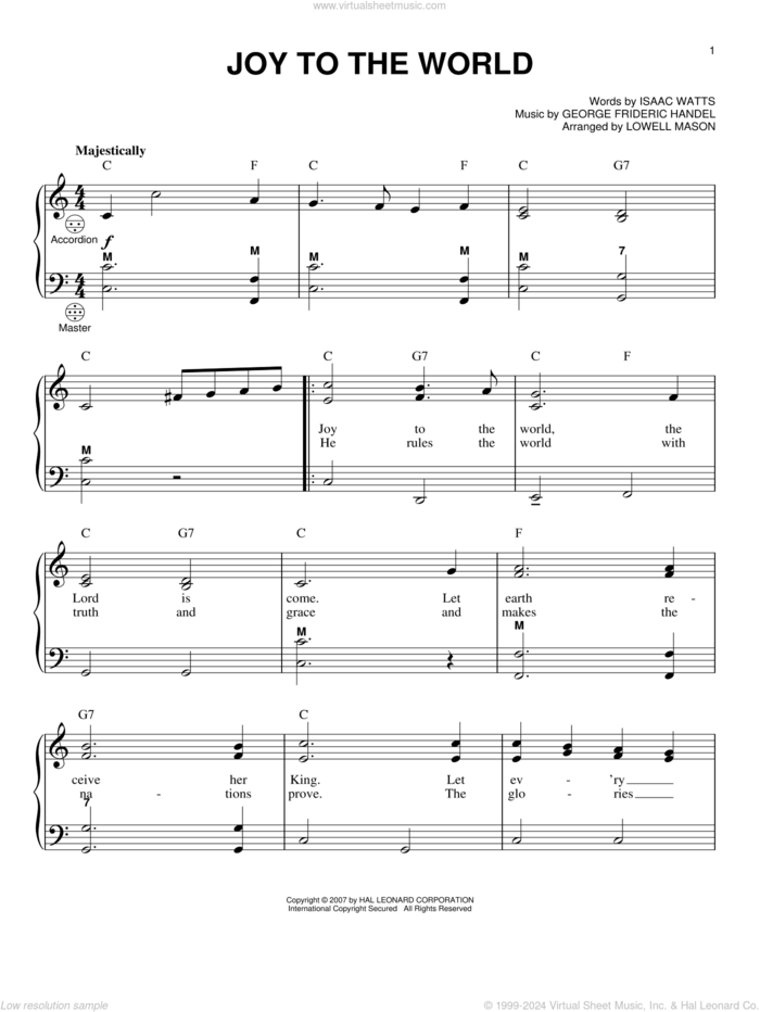 Joy To The World sheet music for accordion by Isaac Watts, Gary Meisner, George Frideric Handel and Lowell Mason, intermediate skill level