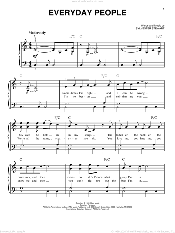 Everyday People sheet music for piano solo by Sly & The Family Stone and Sylvester Stewart, beginner skill level