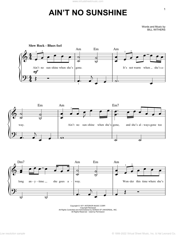 Ain't No Sunshine sheet music for piano solo by Bill Withers and Kris Allen, beginner skill level