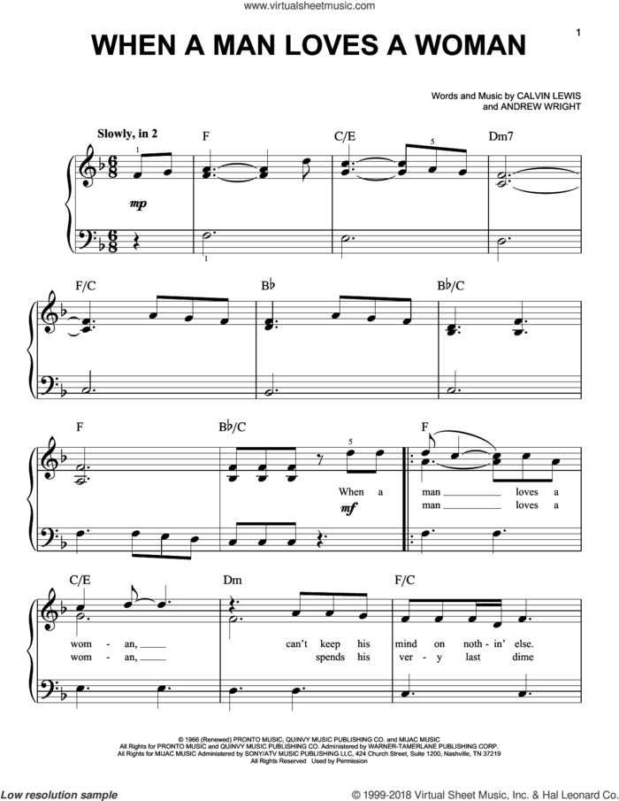 When A Man Loves A Woman sheet music for piano solo by Percy Sledge, Andrew Wright and Calvin Lewis, beginner skill level
