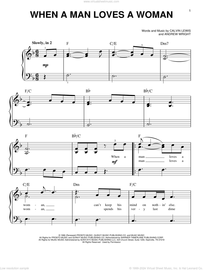 When A Man Loves A Woman sheet music for piano solo by Percy Sledge, Andrew Wright and Calvin Lewis, beginner skill level