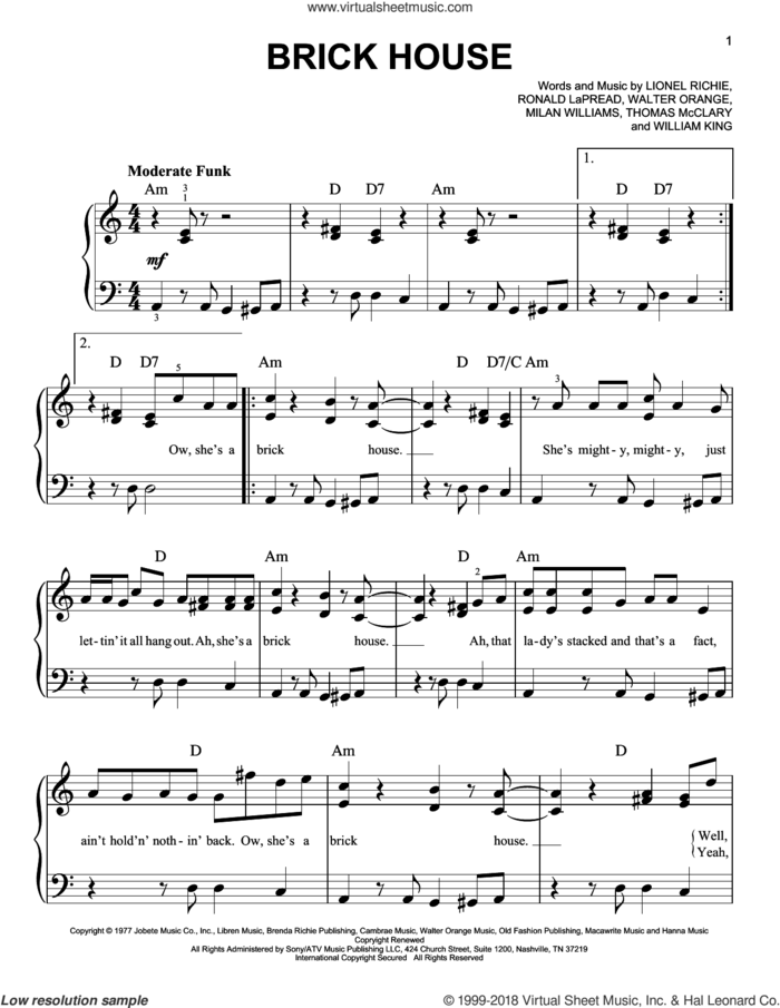 Brick House sheet music for piano solo by Lionel Richie, The Commodores, Milan Williams, Ronald LaPread, Thomas McClary, Walter Orange and William King, beginner skill level