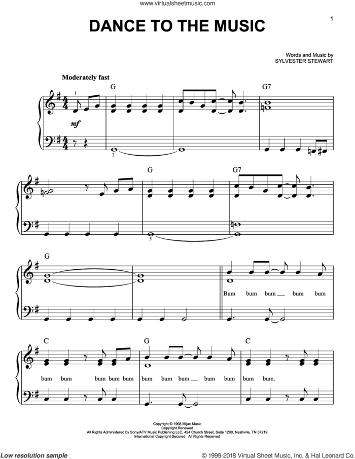 Dance To The Music sheet music for piano solo by Sly And The Family Stone and Sylvester Stewart, beginner skill level