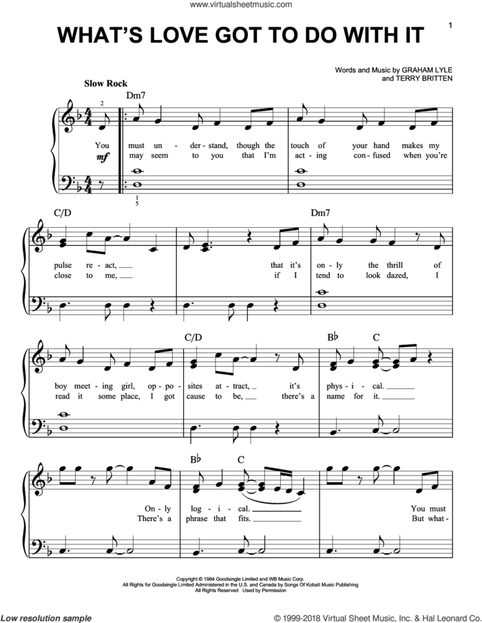 What's Love Got To Do With It sheet music for piano solo by Tina Turner, Graham Lyle and Terry Britten, beginner skill level