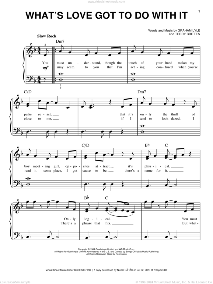 What's Love Got To Do With It sheet music for piano solo by Tina Turner, Graham Lyle and Terry Britten, beginner skill level