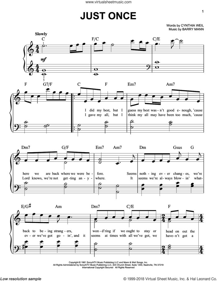 Just Once, (beginner) sheet music for piano solo by Quincy Jones featuring James Ingram, Barry Mann and Cynthia Weil, beginner skill level
