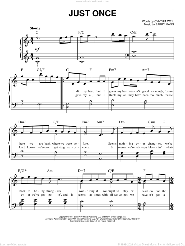 Just Once, (beginner) sheet music for piano solo by Quincy Jones featuring James Ingram, Barry Mann and Cynthia Weil, beginner skill level