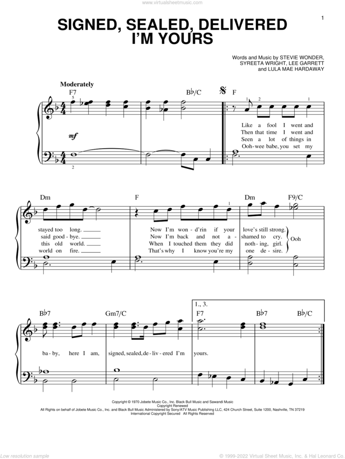 Signed, Sealed, Delivered I'm Yours sheet music for piano solo by Stevie Wonder, Lee Garrett, Lula Mae Hardaway and Syreeta Wright, beginner skill level