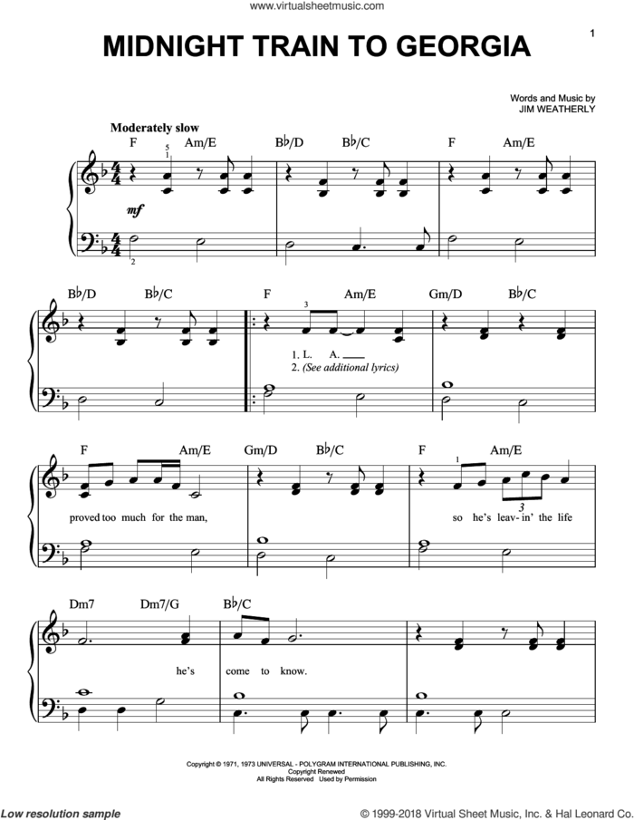Midnight Train To Georgia sheet music for piano solo by Gladys Knight & The Pips and Jim Weatherly, beginner skill level