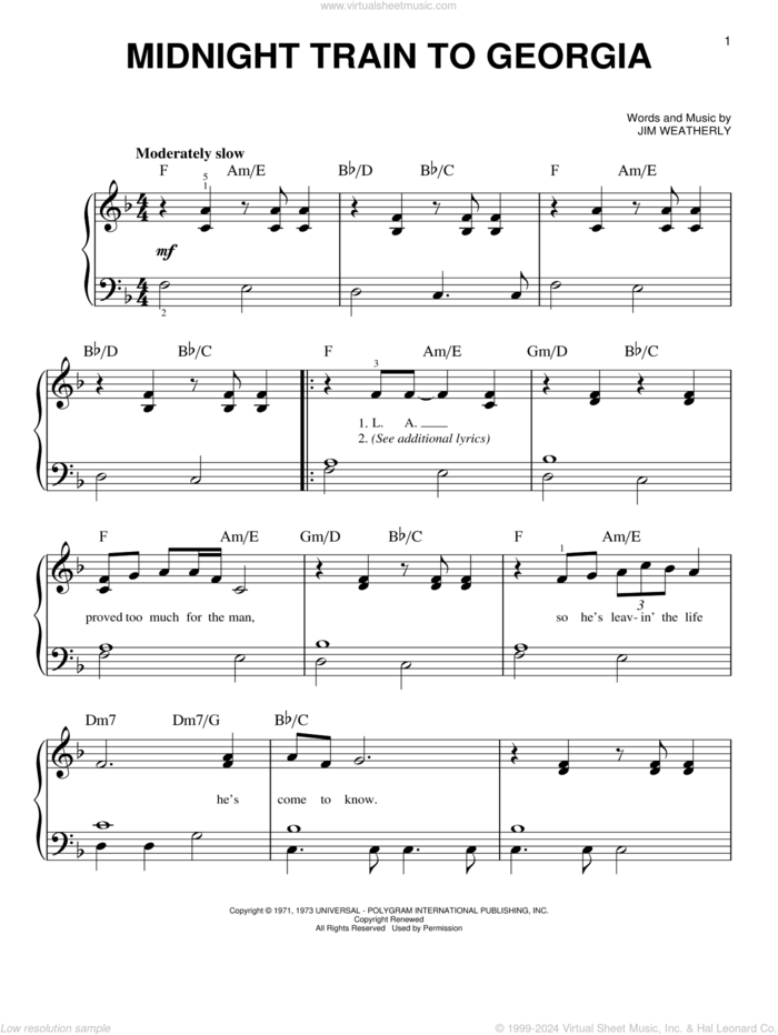 Midnight Train To Georgia sheet music for piano solo by Gladys Knight & The Pips and Jim Weatherly, beginner skill level