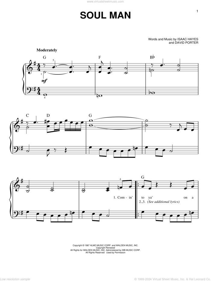 Soul Man, (beginner) sheet music for piano solo by Sam & Dave, David Porter and Isaac Hayes, beginner skill level