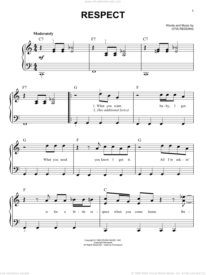 Respect, (beginner) sheet music for piano solo by Aretha Franklin and Otis Redding, beginner skill level