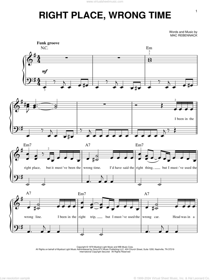 Right Place, Wrong Time sheet music for piano solo by Dr. John and Mac Rebennack, beginner skill level