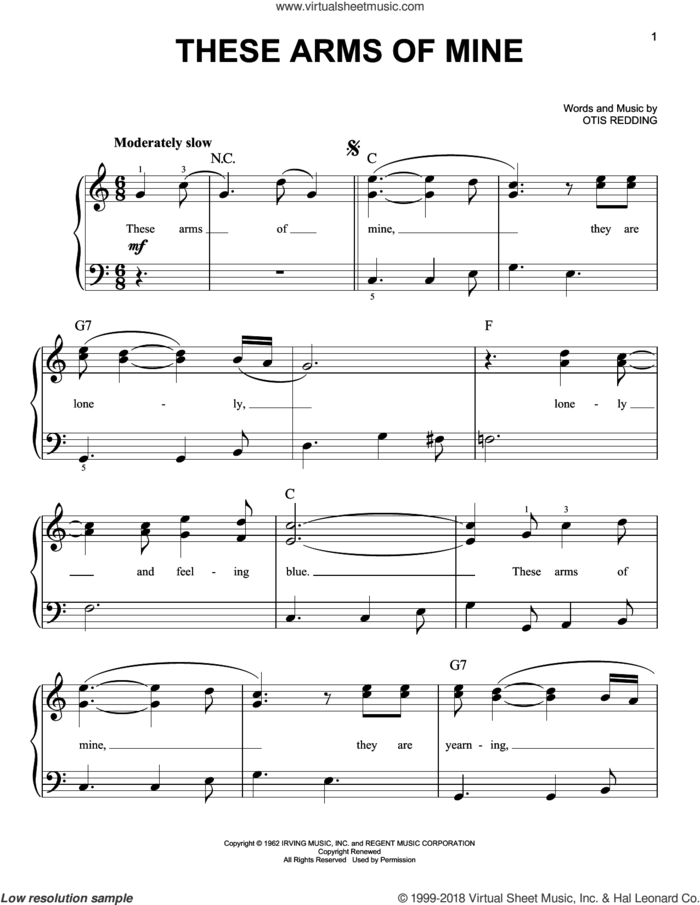 These Arms Of Mine sheet music for piano solo by Otis Redding, beginner skill level