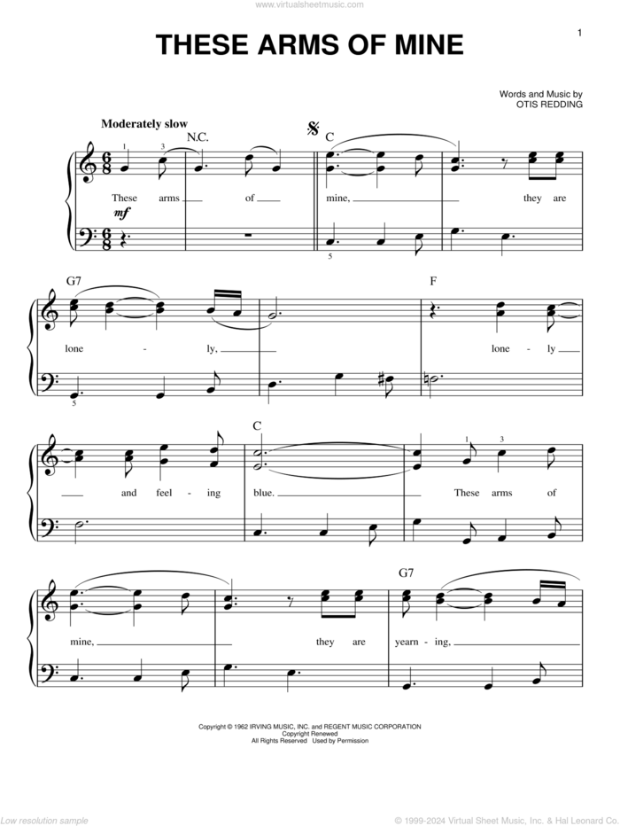 These Arms Of Mine sheet music for piano solo by Otis Redding, beginner skill level