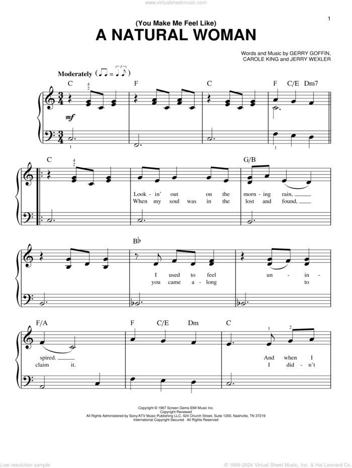 (You Make Me Feel Like) A Natural Woman sheet music for piano solo by Aretha Franklin, Celine Dion, Mary J. Blige, Gerry Goffin and Jerry Wexler, beginner skill level