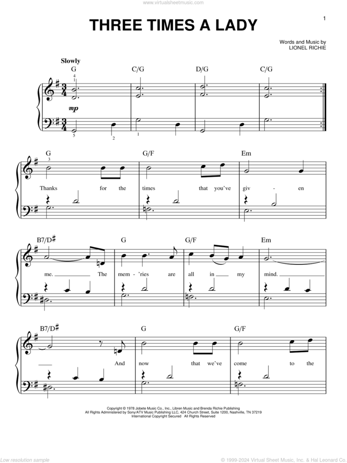 Three Times A Lady, (beginner) sheet music for piano solo by The Commodores and Lionel Richie, beginner skill level