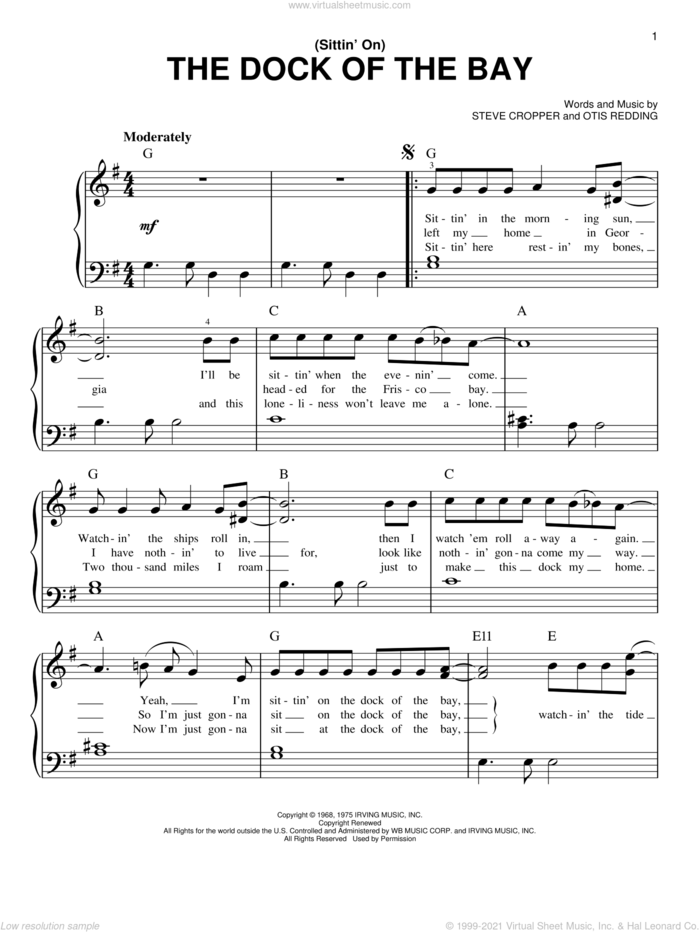 (Sittin' On) The Dock Of The Bay sheet music for piano solo by Otis Redding and Steve Cropper, beginner skill level