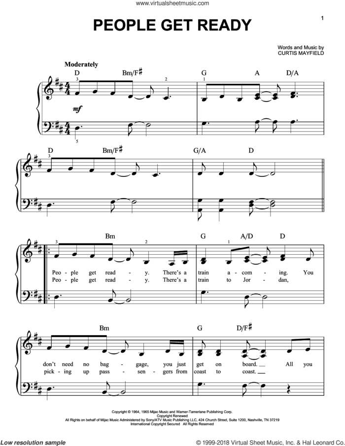 People Get Ready sheet music for piano solo by Bob Marley, Rod Stewart and Curtis Mayfield, beginner skill level