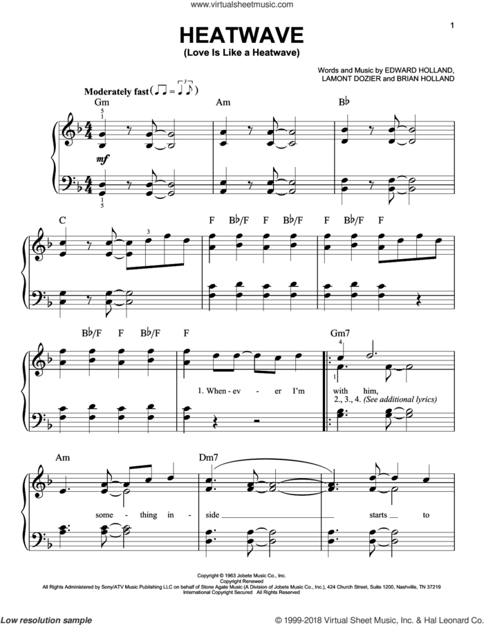 Heatwave (Love Is Like A Heatwave) sheet music for piano solo by Martha & The Vandellas, Brian Holland, Eddie Holland and Lamont Dozier, beginner skill level