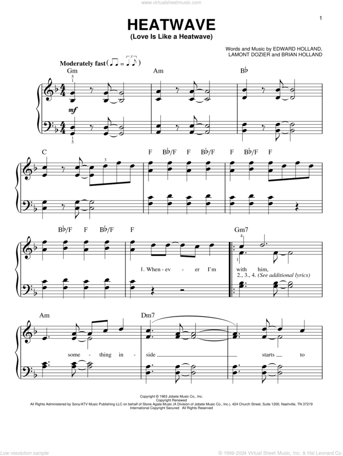 Heatwave (Love Is Like A Heatwave) sheet music for piano solo by Martha & The Vandellas, Brian Holland, Eddie Holland and Lamont Dozier, beginner skill level