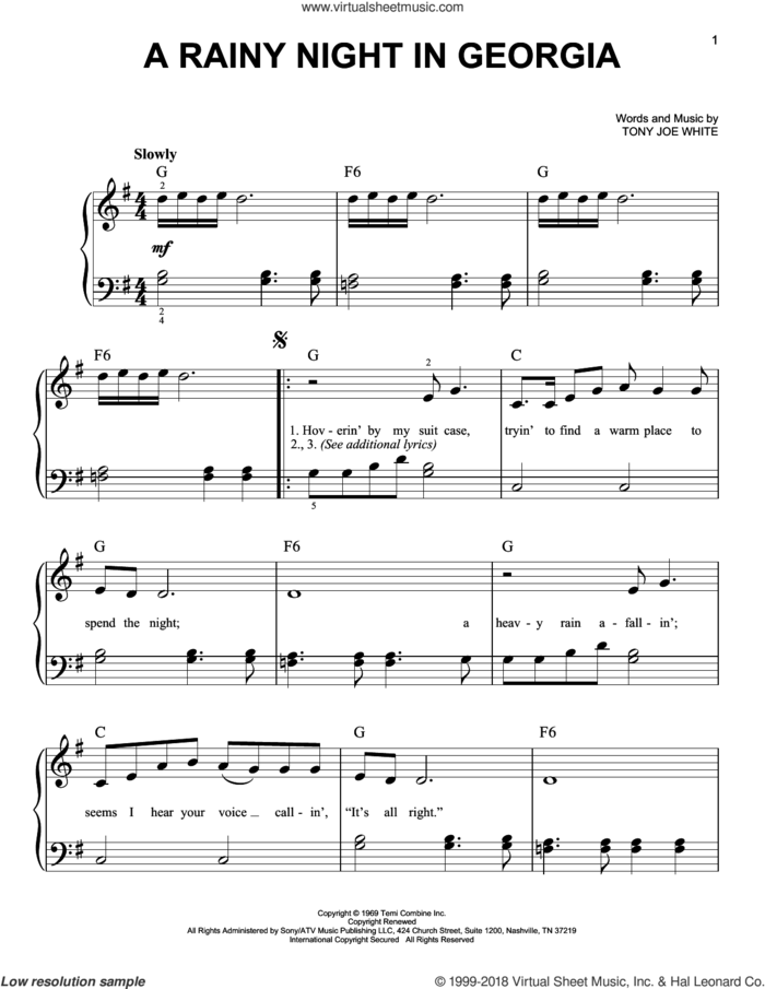 A Rainy Night In Georgia sheet music for piano solo by Brook Benton and Tony Joe White, beginner skill level