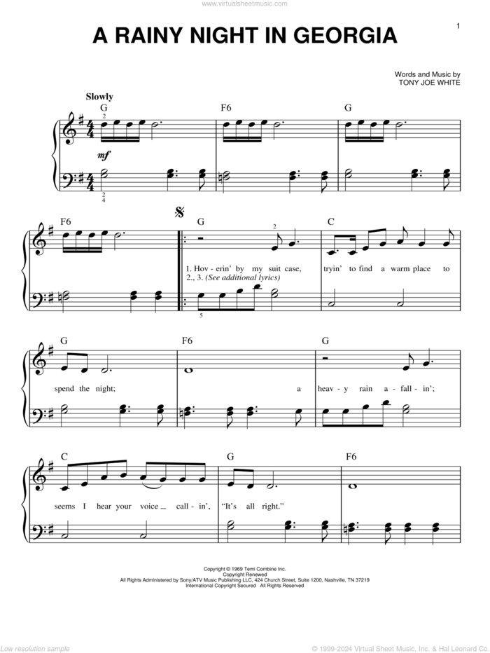 A Rainy Night In Georgia sheet music for piano solo by Brook Benton and Tony Joe White, beginner skill level