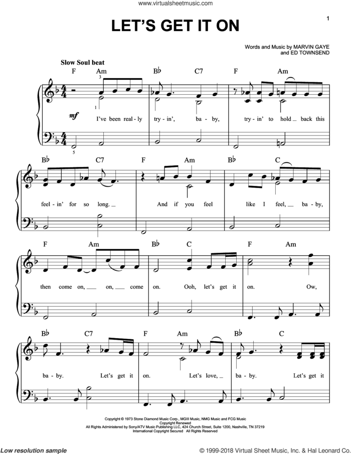 Let's Get It On sheet music for piano solo by Marvin Gaye and Ed Townsend, beginner skill level