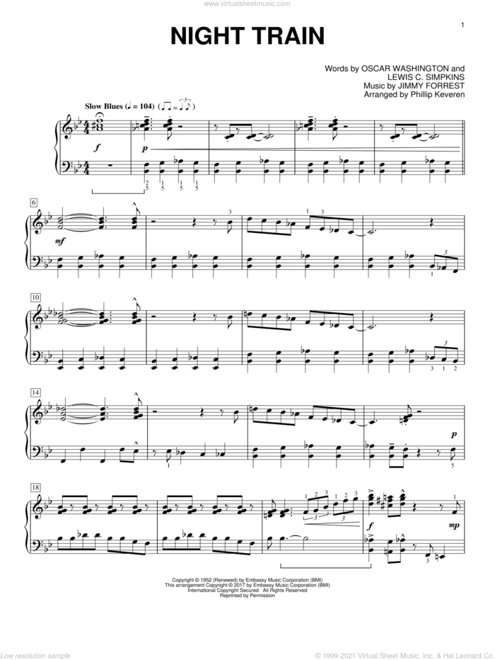 Night Train (arr. Phillip Keveren), (intermediate) sheet music for piano solo by Jimmy Forrest, Phillip Keveren, Buddy Morrlow, Lewis C. Simpkins and Oscar Washington, intermediate skill level