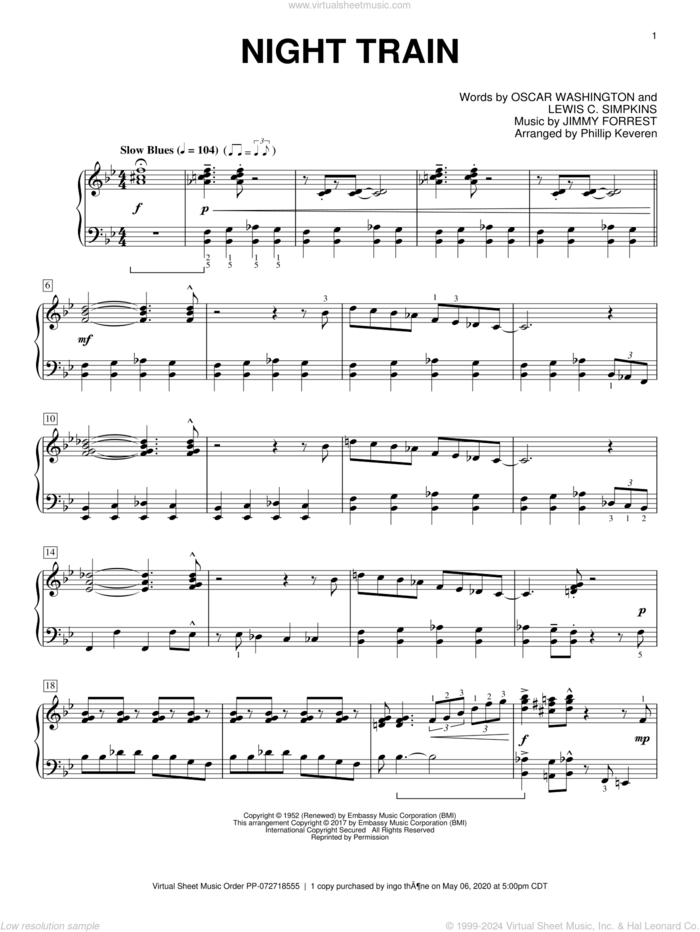 Night Train (arr. Phillip Keveren), (intermediate) sheet music for piano solo by Jimmy Forrest, Phillip Keveren, Buddy Morrlow, Lewis C. Simpkins and Oscar Washington, intermediate skill level